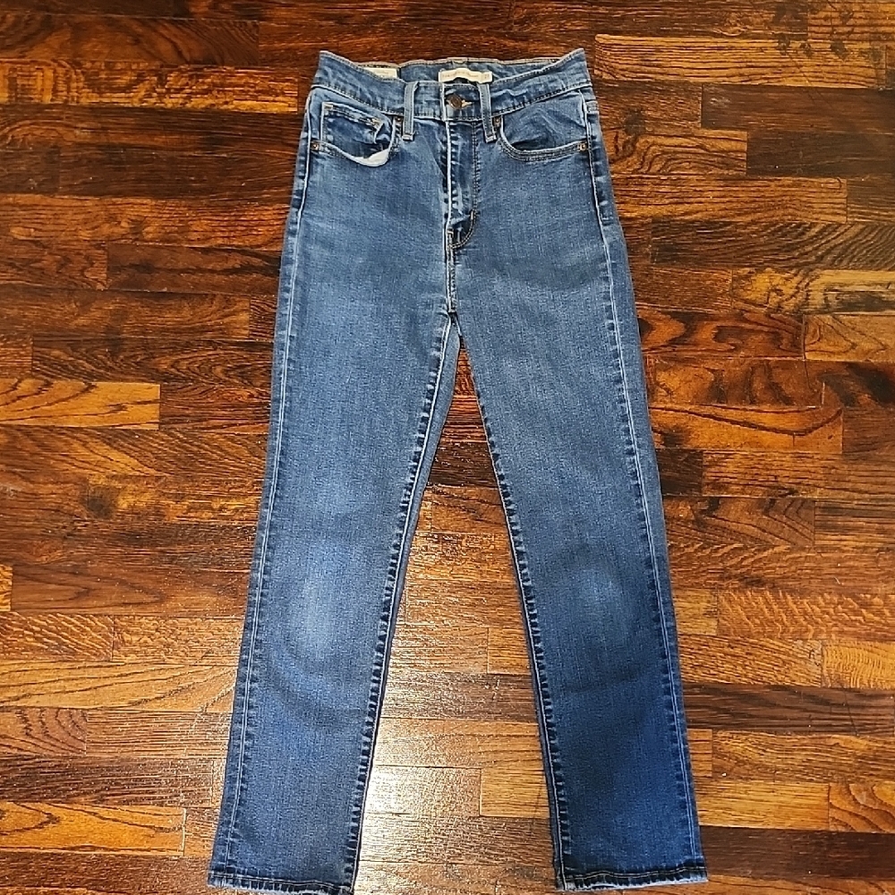 Levi's Big E 724 High Rise Straight Women's Leather Patch Jeans Size 27 Casual